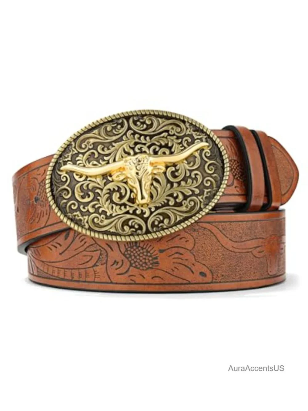 Western Cowgirl Belt with Bull Buckle Faux Leather Embossed